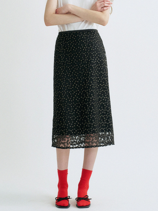 S Flower Pattern layerd Skirt_Black
