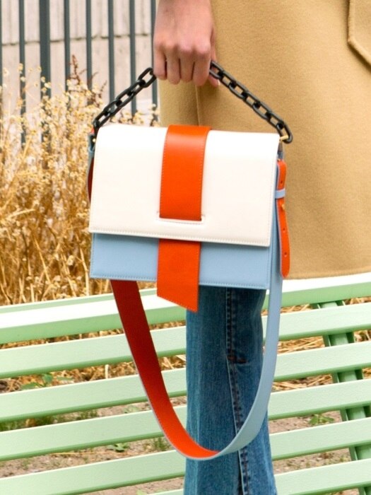 AGNES COLOR BLOCK CHAIN BAG aaa057w (Orange/Ivory)