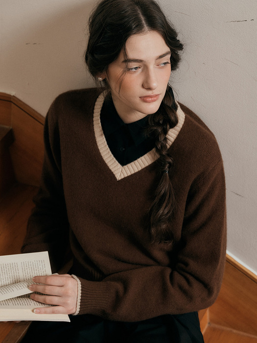 PM_V-neck vintage knit sweater_BROWN