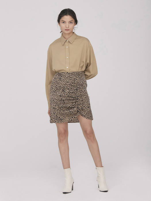 Leopard Shirring Mini Skirt_Beige