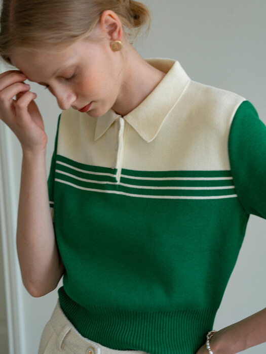 SIKN2033 linen blend collar knit_Green