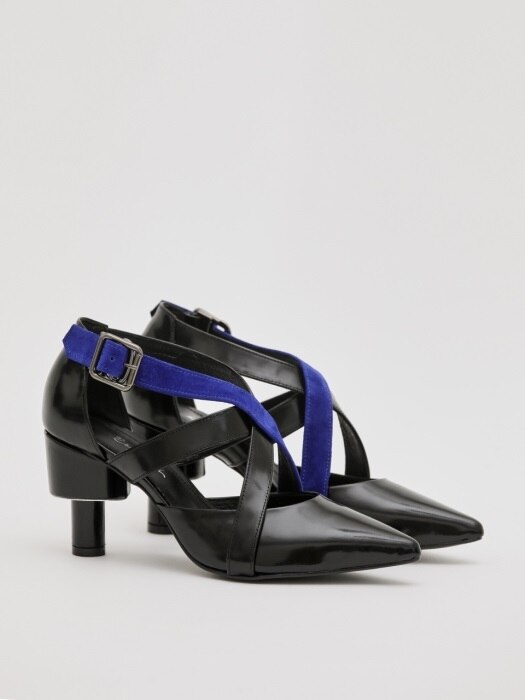 MIRO 70 STAR-SHAPED STRAP HEEL IN BALCK AND BLUE LEATHER