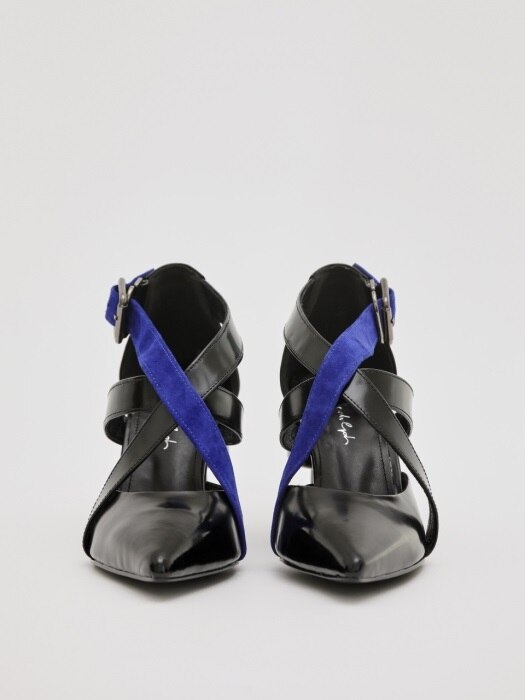 MIRO 70 STAR-SHAPED STRAP HEEL IN BALCK AND BLUE LEATHER