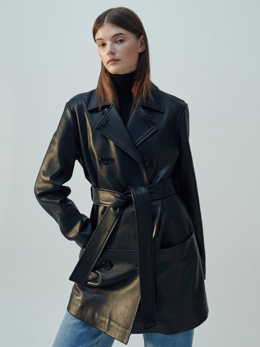 LAMBSKIN DOUBLE-BREASTED LEATHER COAT. BLACK