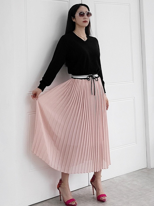 벨티드 플리츠원피스- 블랙&핑크 Black Pink pleats dress