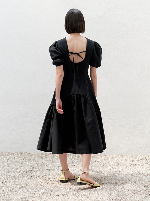 Puff-sleeve Shirred Dress_Black