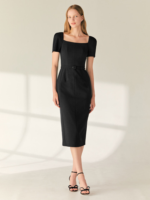ODETTE Square neck short sleeve H-line long dress (Black)