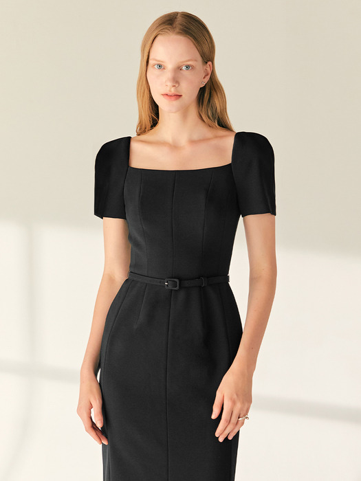 ODETTE Square neck short sleeve H-line long dress (Black)