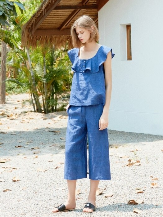 blue linen two-piece