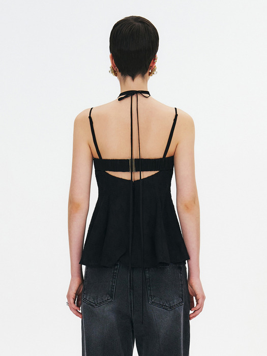DOUBLE-LAYERED SHEER CAMISOLE BLOUSE WITH NECK STRAP TIE - BLACK