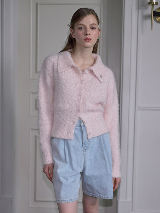 Hairy Collar Knit Cardigan [Pink]