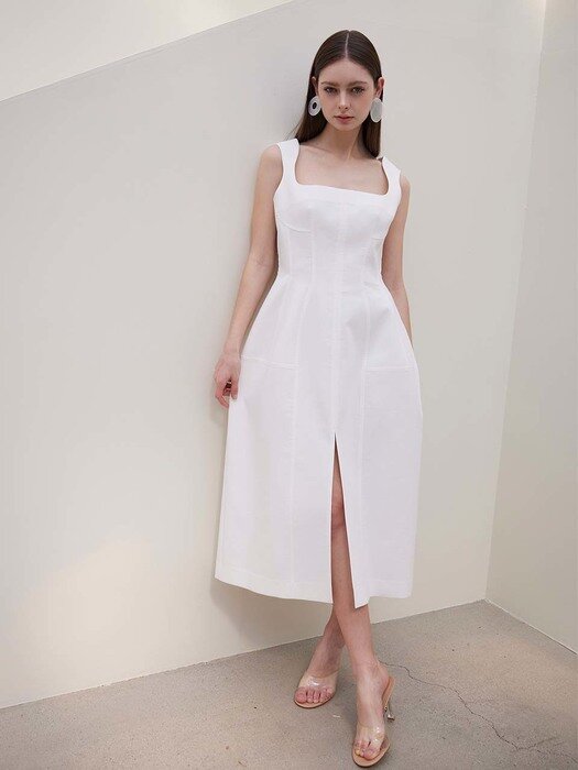 Fluid Square Neck Corset Midi Dress (White)