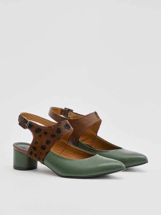 MATISSE 40 ANKLE STRAP SHOES IN LEOPARD AND GREEN LEATHER