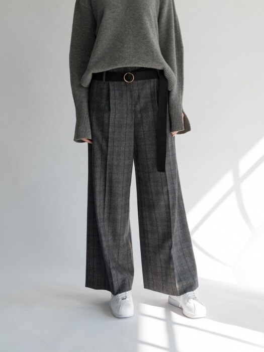 Glen Check Wide Wool Cashmere Pants /Gray
