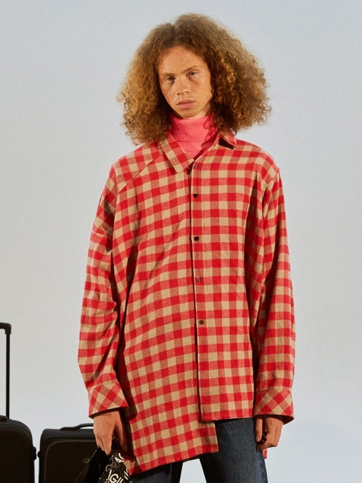 Unbalanced sleeve check shirts_red