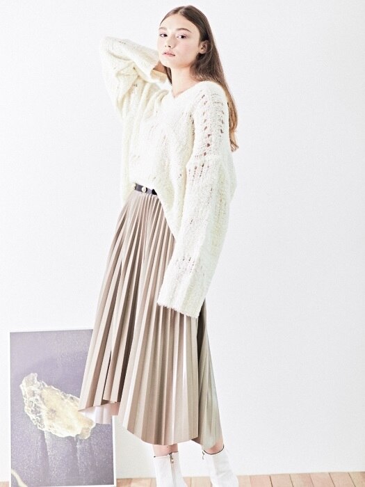 Pearl beige gray pleated skirt [BELTED] 