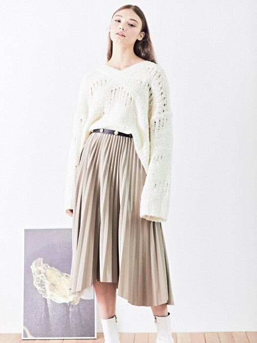 Pearl beige gray pleated skirt [BELTED] 