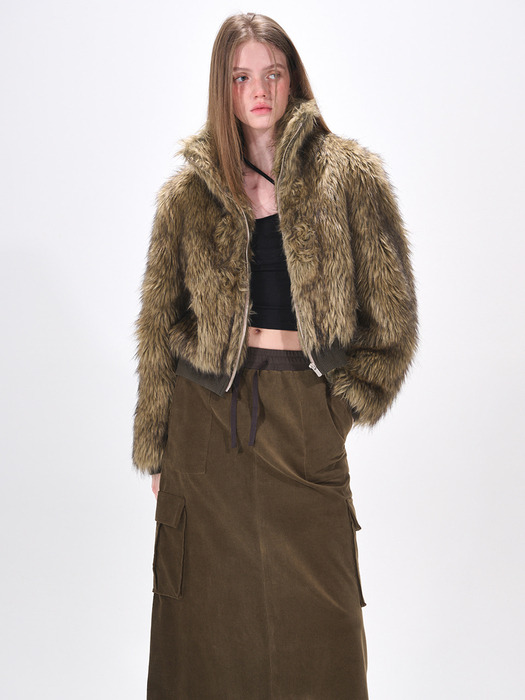 High-Neck Fur Zip-Up Jacket, Khaki Brown