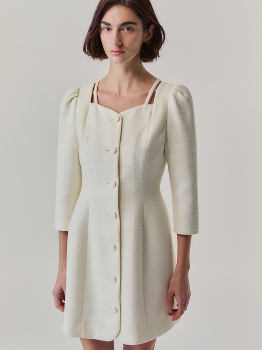 Tweed Button Strap Dress_Ivory