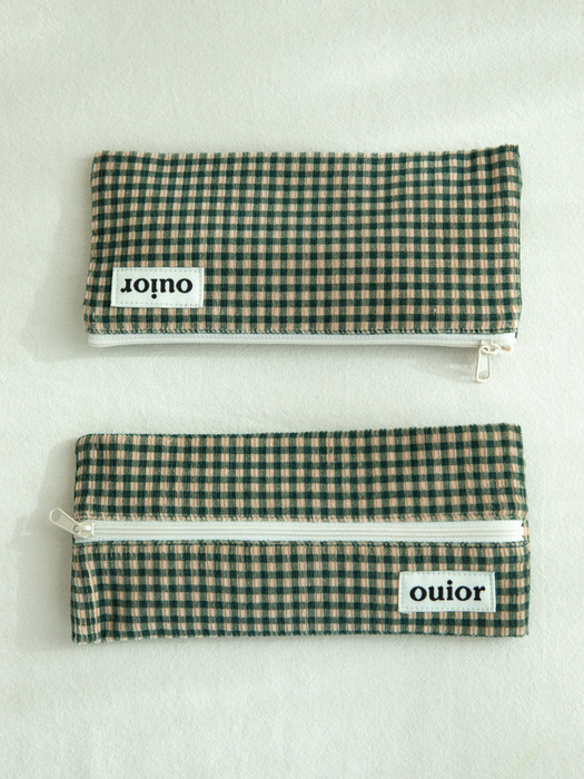 ouior flat pencil case - corduroy green check(middle zipper)