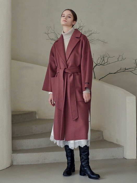 CASHMERE PEARL BELTED HANDMADE COAT_RUST