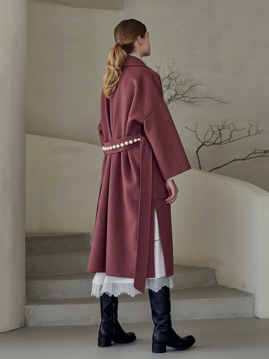 CASHMERE PEARL BELTED HANDMADE COAT_RUST