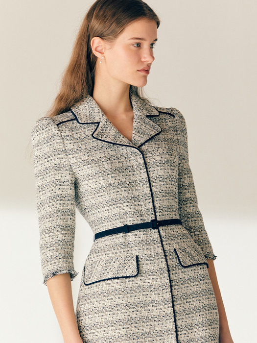 MADISON Notched collar tweed mini dress (Beige&Navy)