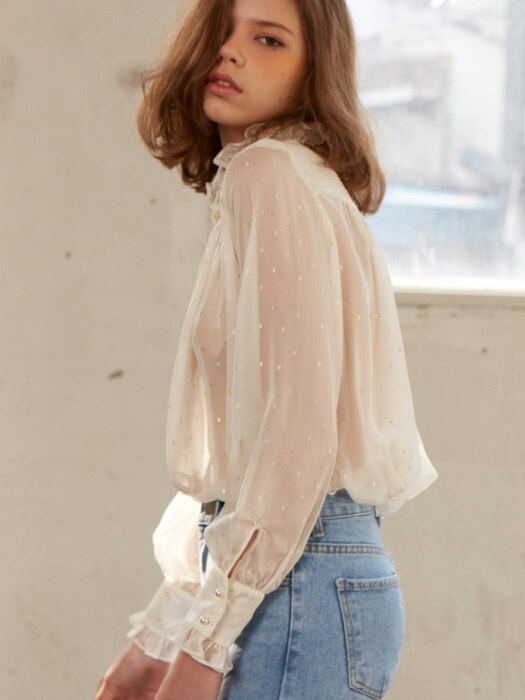 shiny dot ruffle blouse