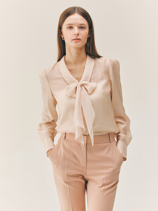 LAUREL Chiffon tie layered blouse (Ivory/Black/Soft pink)