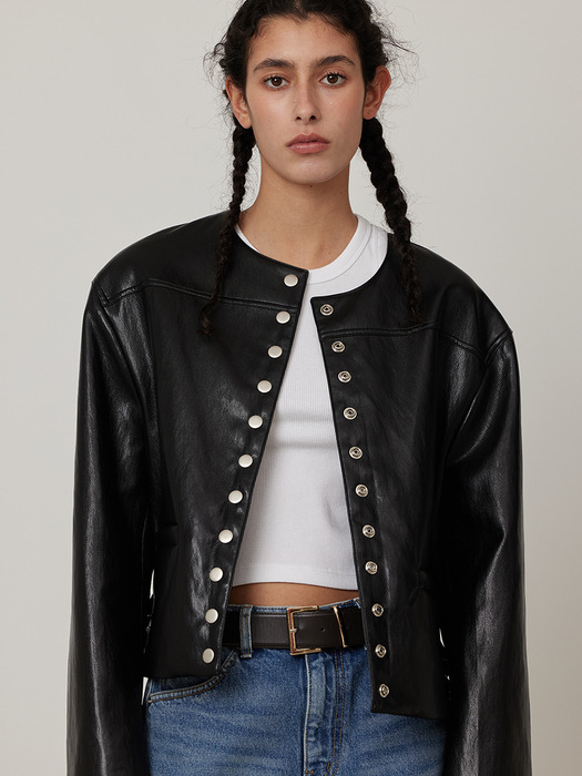 Round neck Leather Snap Jacket_BLACK