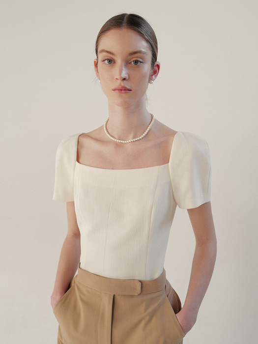 ODETTE Square neck short sleeve blouse (Black/Cream)