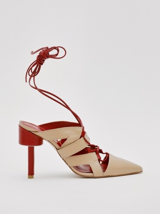DALI 100 LACE-UP GLADIATOR SANDAL IN CREAM BEIGE AND DEEP RED LEATHER