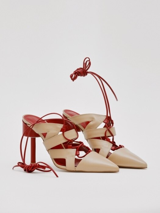 DALI 100 LACE-UP GLADIATOR SANDAL IN CREAM BEIGE AND DEEP RED LEATHER