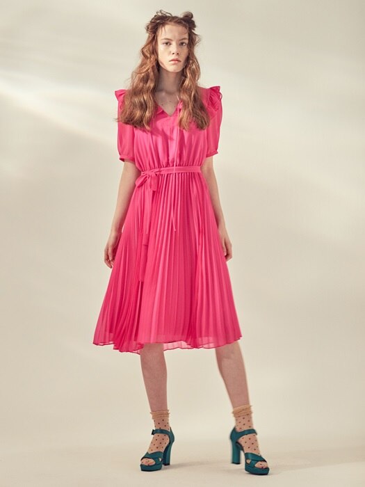 RUFFLE PLEATS DRESS_PINK/BLACK