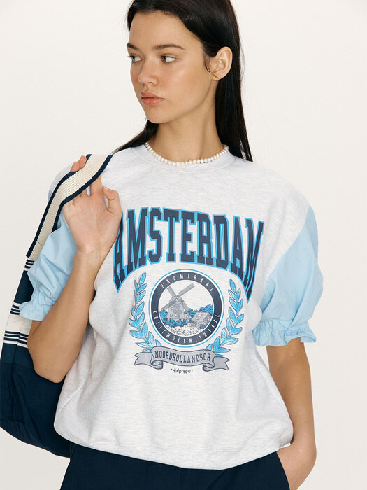 AMSTERDAM Frill sleeve city artwork sweatshirt (Melange gray&Blue)