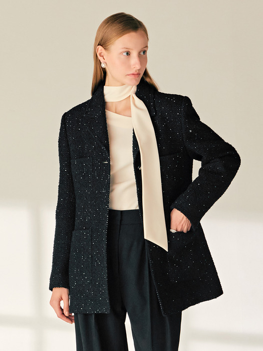 CORDELIA Notched collar slub texture tweed jacket (Black)