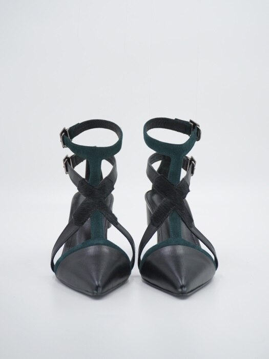 MATISSE 70 TWO ANKLE STRAP SANDAL IN BLACK AND EMERLAD GREEN LEATHER