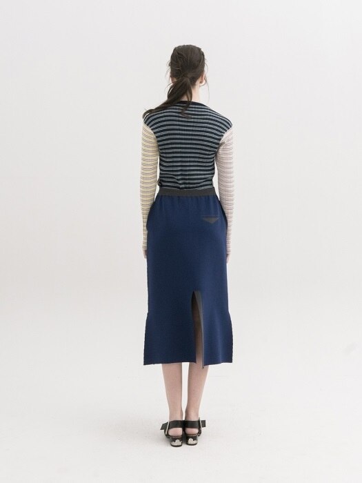 Contrast Stitch Knit Slit Skirt - NAVY