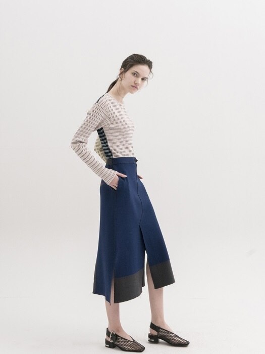 Contrast Stitch Knit Slit Skirt - NAVY