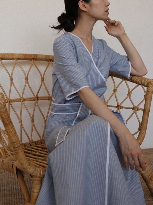 Piping linen robe(blue)