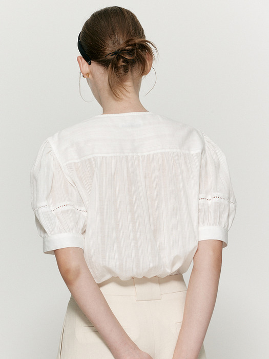 Striped lace tape frill blouse - Warm white