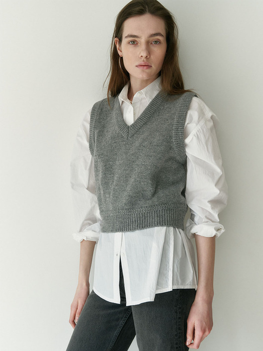 Wool 100 Vneck Knit Vest Grey_S241VE01