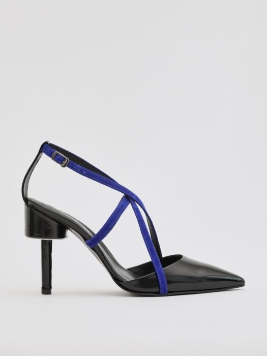 MIRO 100 BIG STAR-SHAPED STRAP HEEL IN BLACK AND BLUE LEATHER