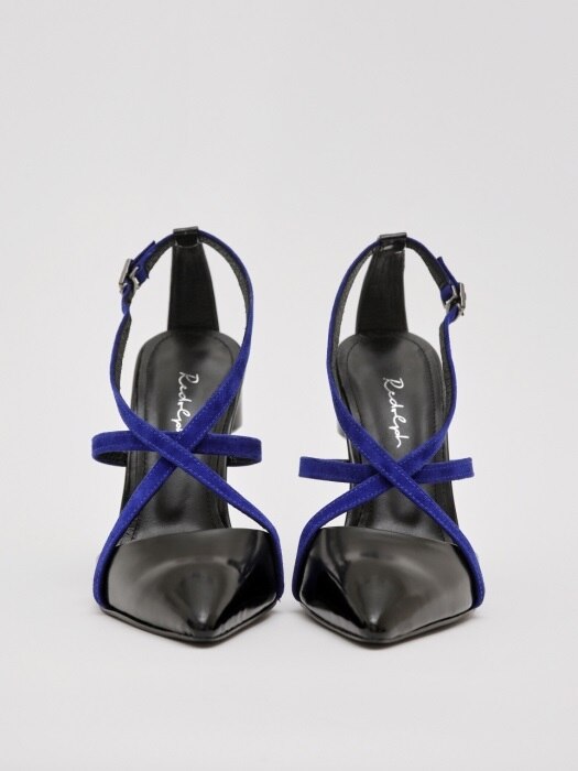 MIRO 100 BIG STAR-SHAPED STRAP HEEL IN BLACK AND BLUE LEATHER