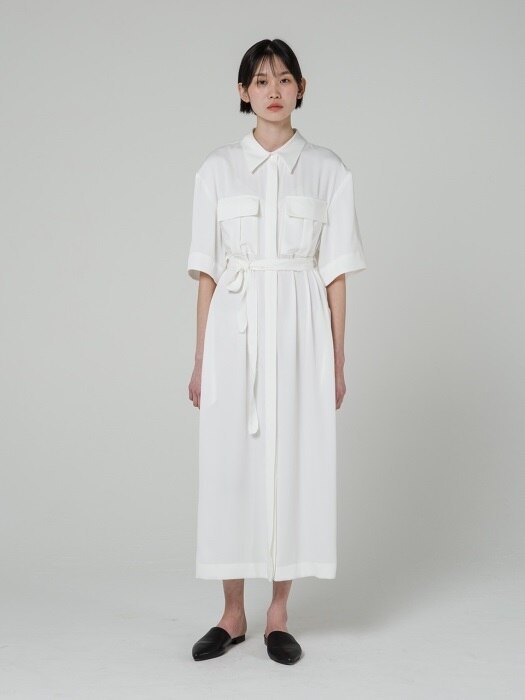 18SS BELTED SILKY SHIRT DRESS - WHITE