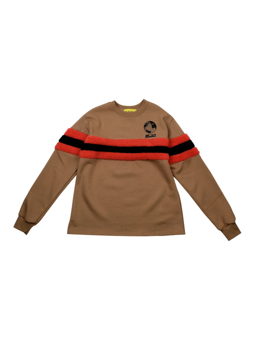 [UNISEX] Faux-shearling Striped-Trim Pullover (Brown)