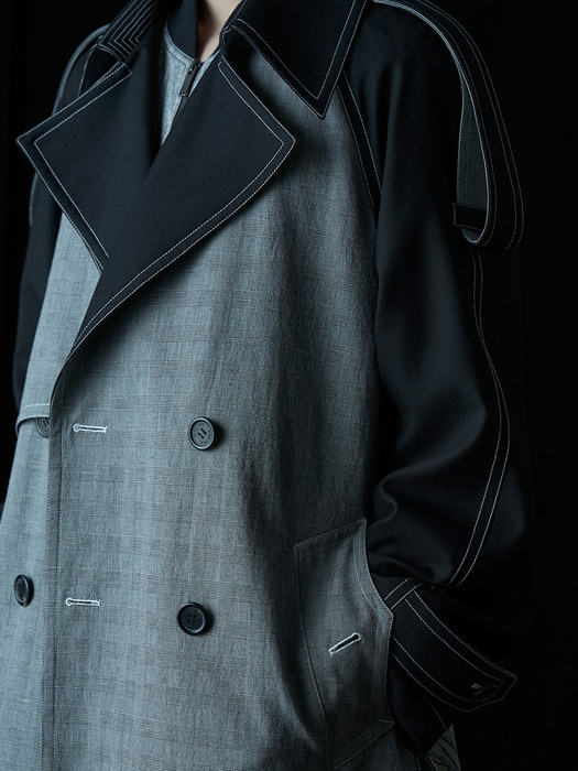 GREY GLENCHECK COTTON MIX DECONSTRUCTED TRENCH COAT