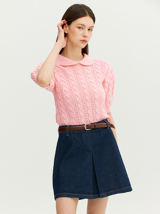 MODENA Round collar cable knit top (Pink)
