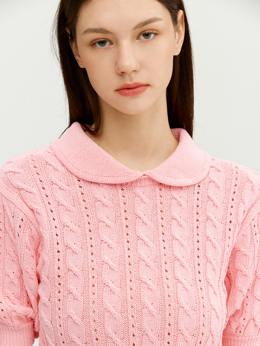 MODENA Round collar cable knit top (Pink)