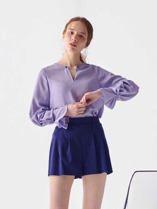 PONIT CUFFS V NECK BLOUSE_LILAC